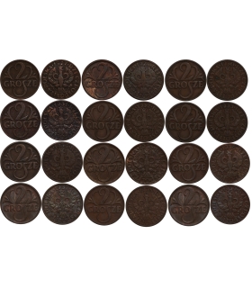 2 grosze II RP zestaw 12 monet, 12 roczników 1927–1939 (KAŻDY INNY)