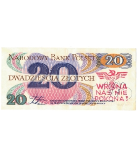 Banknot PRL 20 złotych 1982 – nadruk „Wrona nas nie pokona”, st. 2