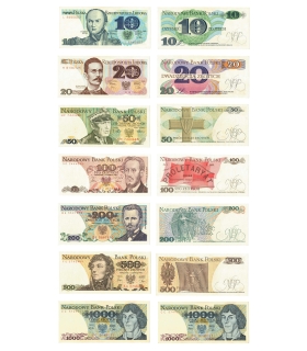 Zestaw 7 banknotów PRL w stanach UNC: 10–1000 zł, 1982–1988