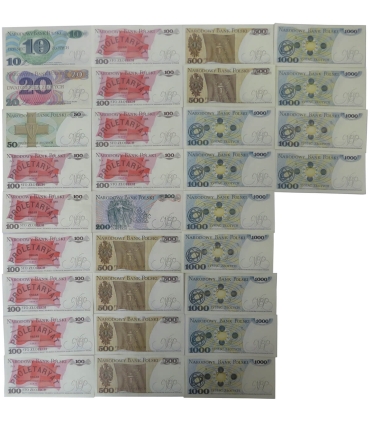 Zestaw 31 nieobiegowych banknotów PRL 10–1000 zł