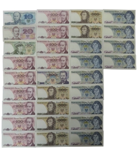 Zestaw 31 nieobiegowych banknotów PRL 10–1000 zł