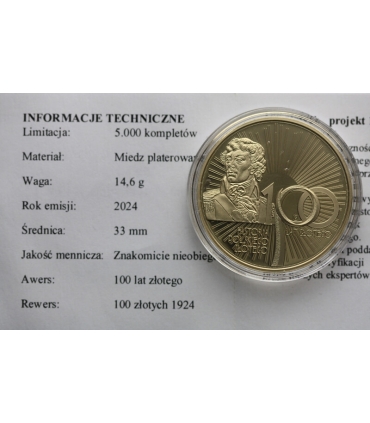 Numizmat 100 lat złotego, 100 złotych 1924, 2024, platerowany