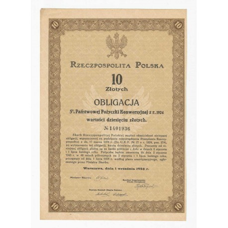 Obligacja 10 zł 5% Państwowej Pożyczki Konwersyjnej z 1924 roku No. 1401936
