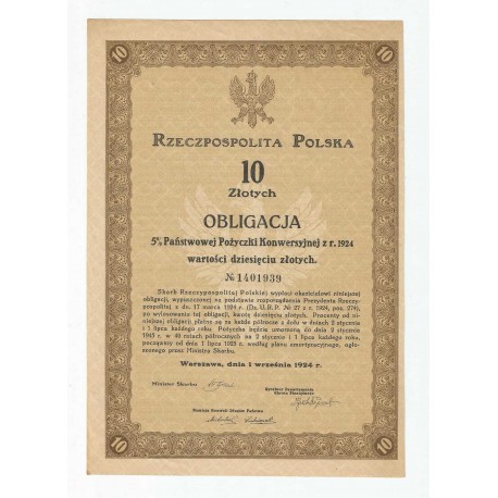 Obligacja 10 zł 5% Państwowej Pożyczki Konwersyjnej z 1924 roku No. 1401939