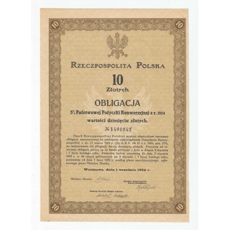 Obligacja 10 zł 5% Państwowej Pożyczki Konwersyjnej z 1924 roku No. 1401942