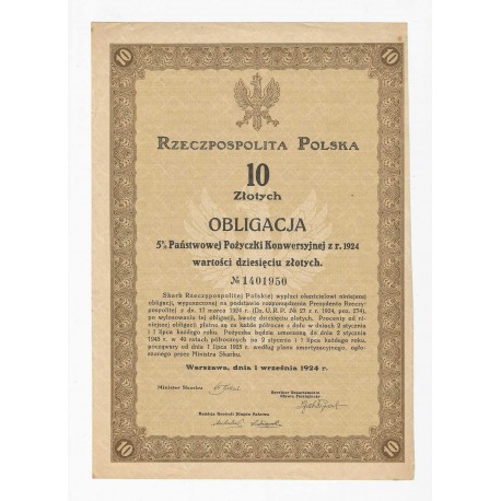 Obligacja 10 zł 5% Państwowej Pożyczki Konwersyjnej z 1924 roku No. 1401950