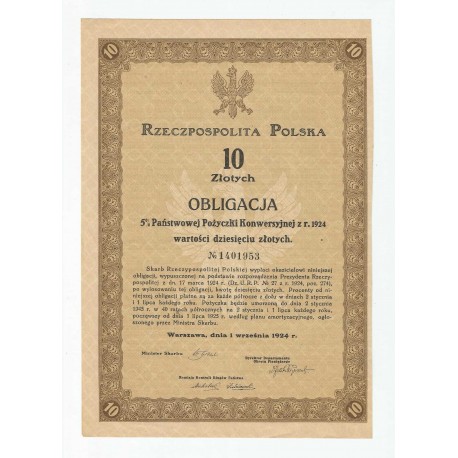 Obligacja 10 zł 5% Państwowej Pożyczki Konwersyjnej z 1924 roku No. 1401953